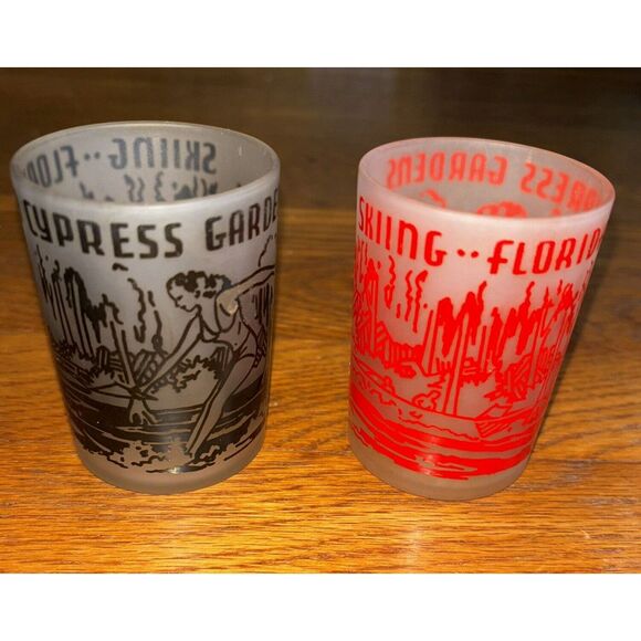 VTG 60s Anchor Hocking Frosted Shot Glasses Florida Water Skiing Cypress Gardens - Picture 1 of 4